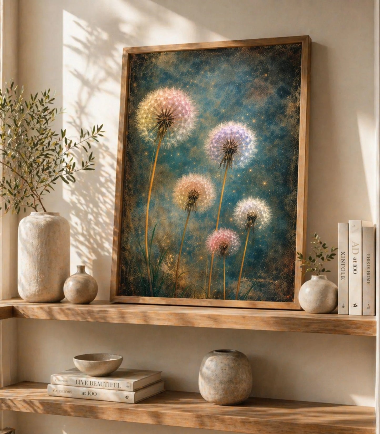 Dandelion Wall Art Canvas Print, Teal Botanical Wall Decor, Boho Living Room Artwork, Framed Large Canvas, Floral Wildflower Art