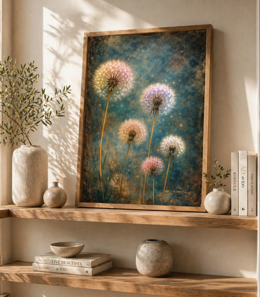 Dandelion Wall Art Canvas Print, Teal Botanical Wall Decor, Boho Living Room Artwork, Framed Large Canvas, Floral Wildflower Art