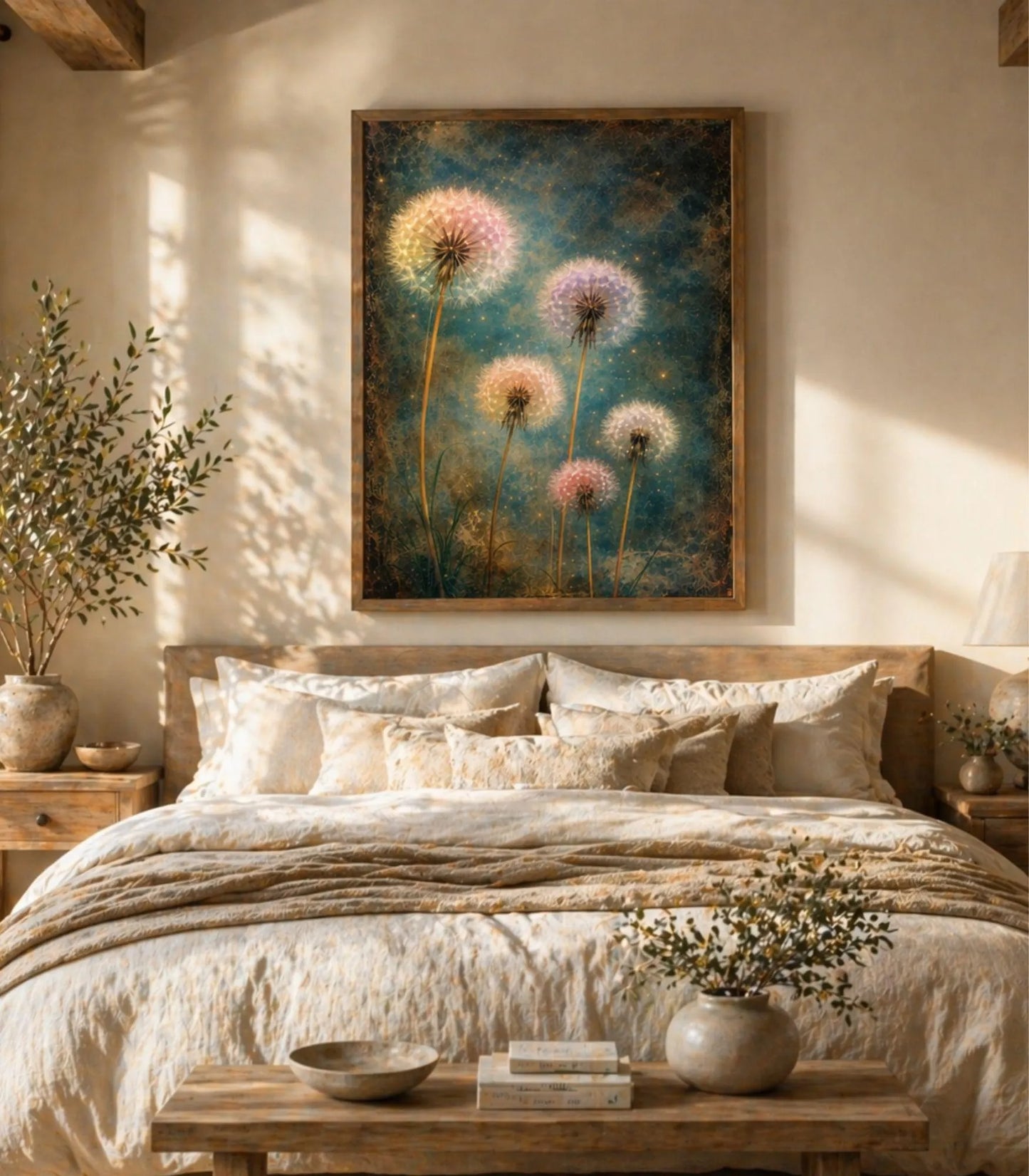 Dandelion Wall Art Canvas Print, Teal Botanical Wall Decor, Boho Living Room Artwork, Framed Large Canvas, Floral Wildflower Art