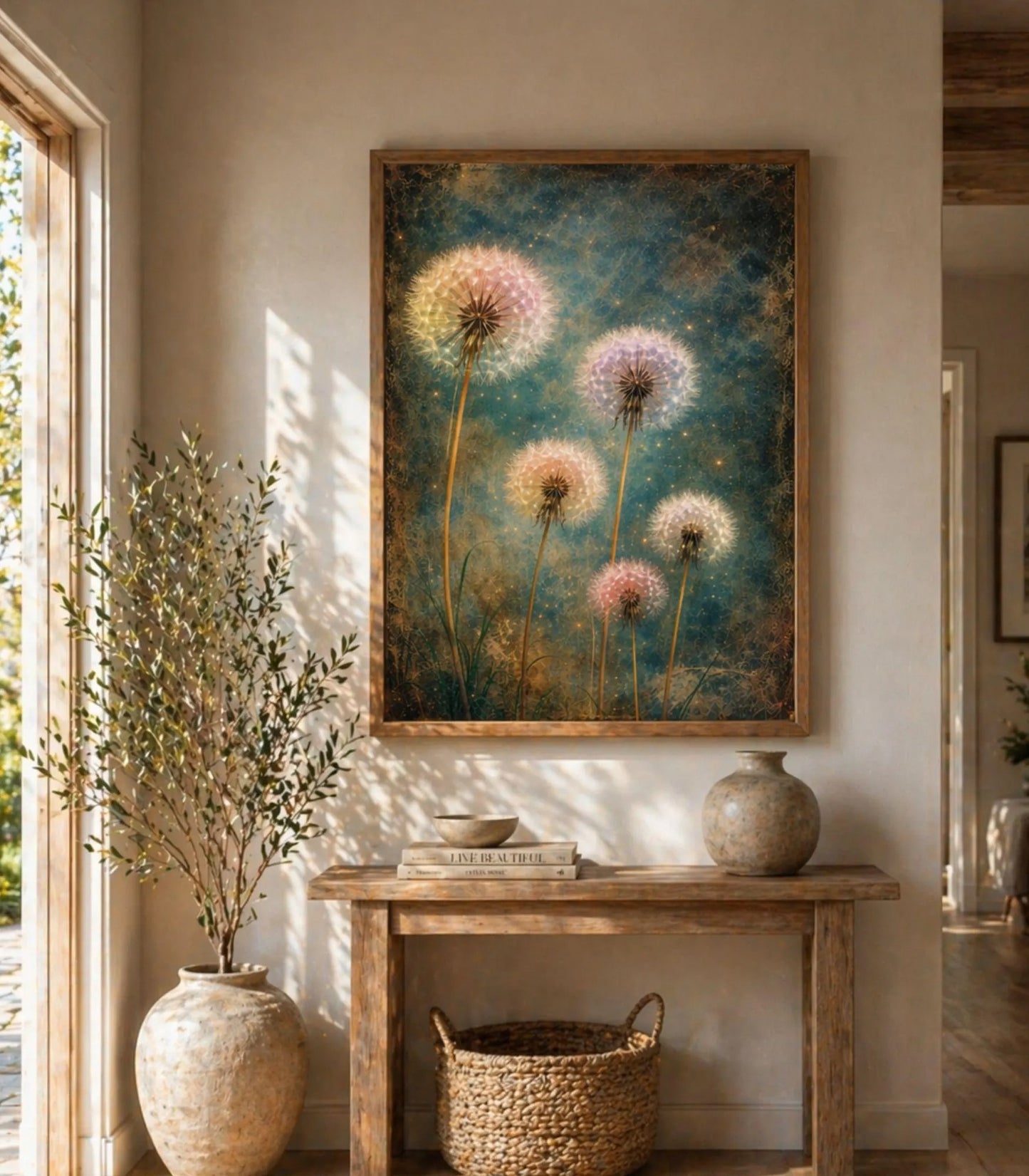 Dandelion Wall Art Canvas Print, Teal Botanical Wall Decor, Boho Living Room Artwork, Framed Large Canvas, Floral Wildflower Art