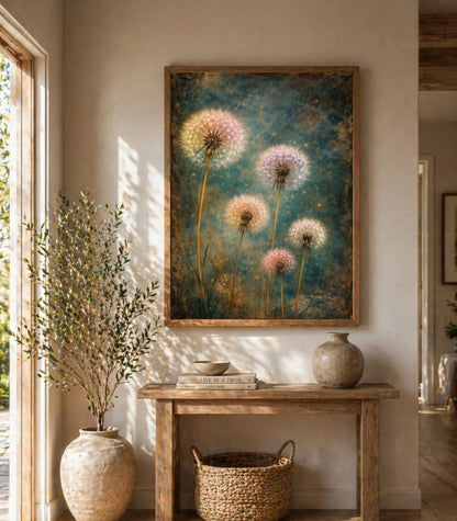 Dandelion Wall Art Canvas Print, Teal Botanical Wall Decor, Boho Living Room Artwork, Framed Large Canvas, Floral Wildflower Art