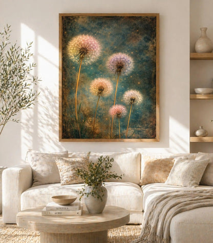 Dandelion Wall Art Canvas Print, Teal Botanical Wall Decor, Boho Living Room Artwork, Framed Large Canvas, Floral Wildflower Art