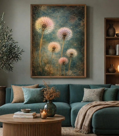 Dandelion Wall Art Canvas Print, Teal Botanical Wall Decor, Boho Living Room Artwork, Framed Large Canvas, Floral Wildflower Art