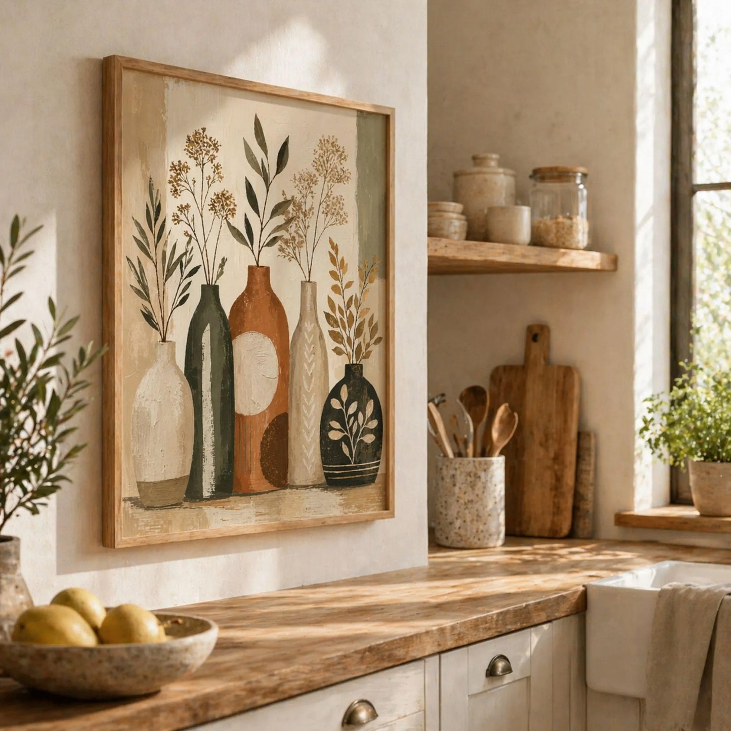 Kitchen Wall Art, Farmhouse Wall Art, Rustic Abstract Art, Botanical Abstract art, Framed Canvas Prints, Terracotta Wall Art, Boho Wall Art