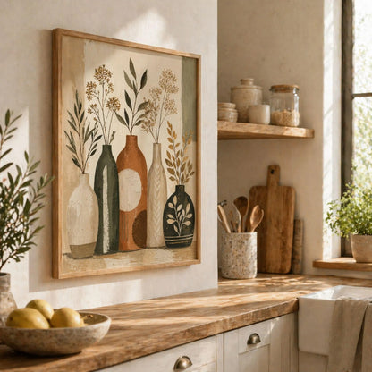 Kitchen Wall Art, Farmhouse Wall Art, Rustic Abstract Art, Botanical Abstract art, Framed Canvas Prints, Terracotta Wall Art, Boho Wall Art