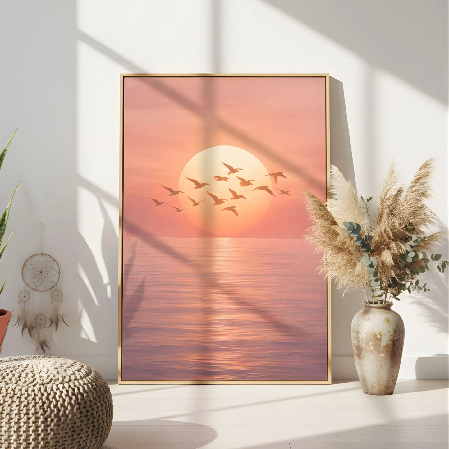 Beach Sunset Wall Art, Ocean Sunrise Canvas, Coastal Birds Artwork, Pink Wall Decor Print