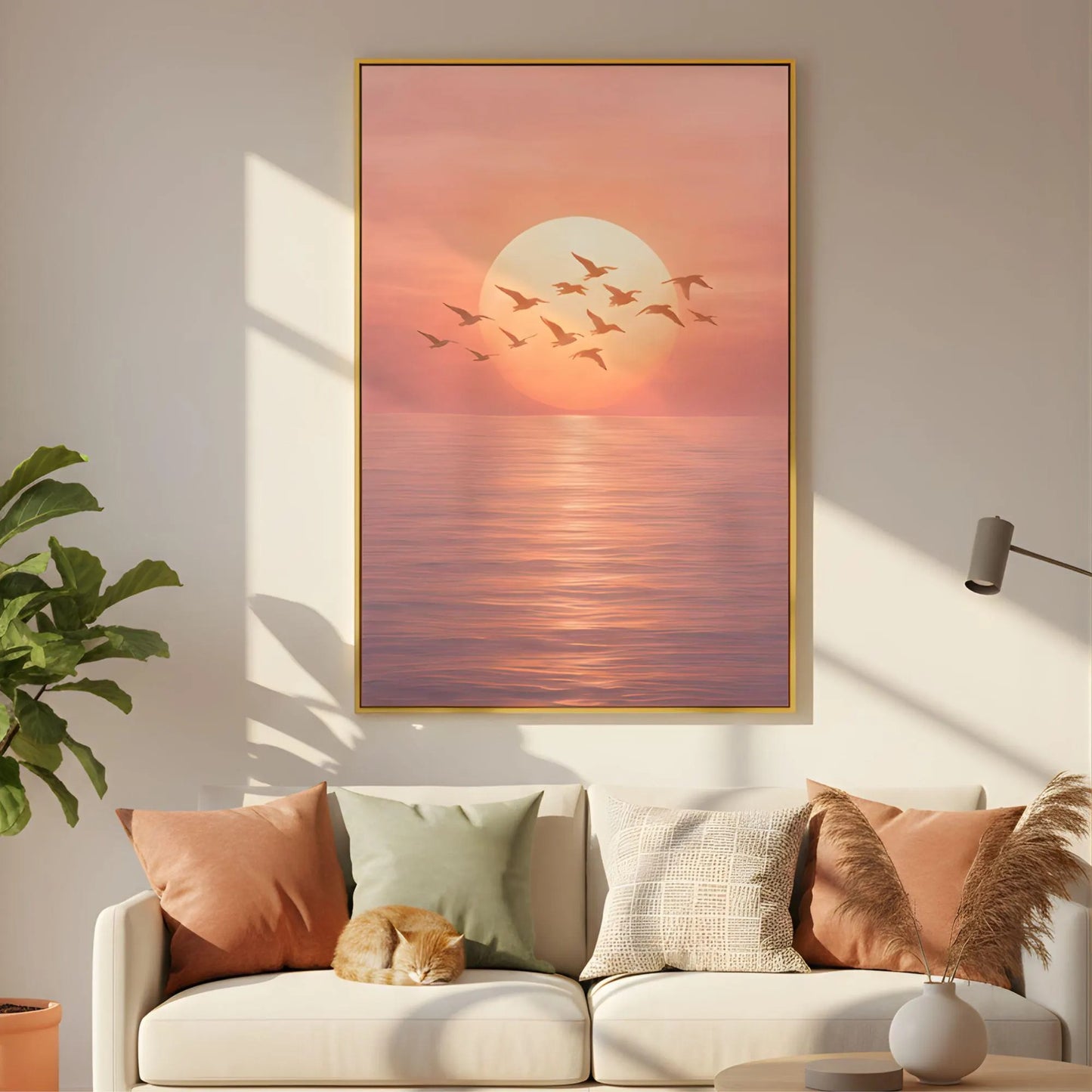 Beach Sunset Wall Art, Ocean Sunrise Canvas, Coastal Birds Artwork, Pink Wall Decor Print