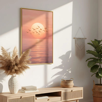 Beach Sunset Wall Art, Ocean Sunrise Canvas, Coastal Birds Artwork, Pink Wall Decor Print