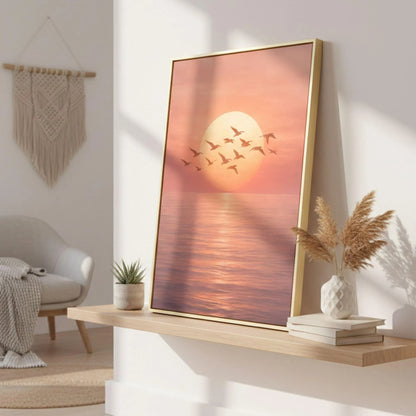 Beach Sunset Wall Art, Ocean Sunrise Canvas, Coastal Birds Artwork, Pink Wall Decor Print