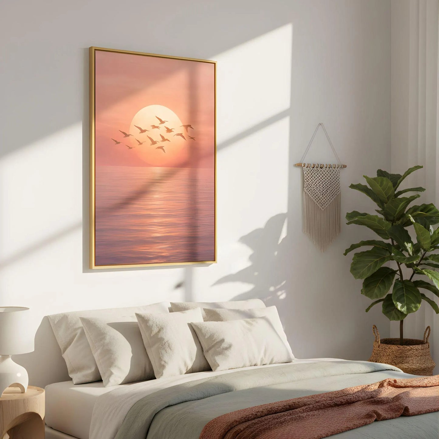 Beach Sunset Wall Art, Ocean Sunrise Canvas, Coastal Birds Artwork, Pink Wall Decor Print