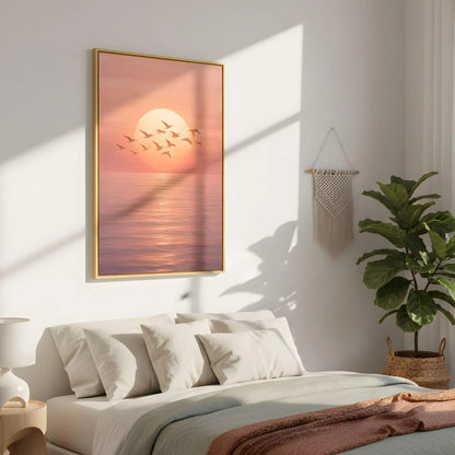 Beach Sunset Wall Art, Ocean Sunrise Canvas, Coastal Birds Artwork, Pink Wall Decor Print