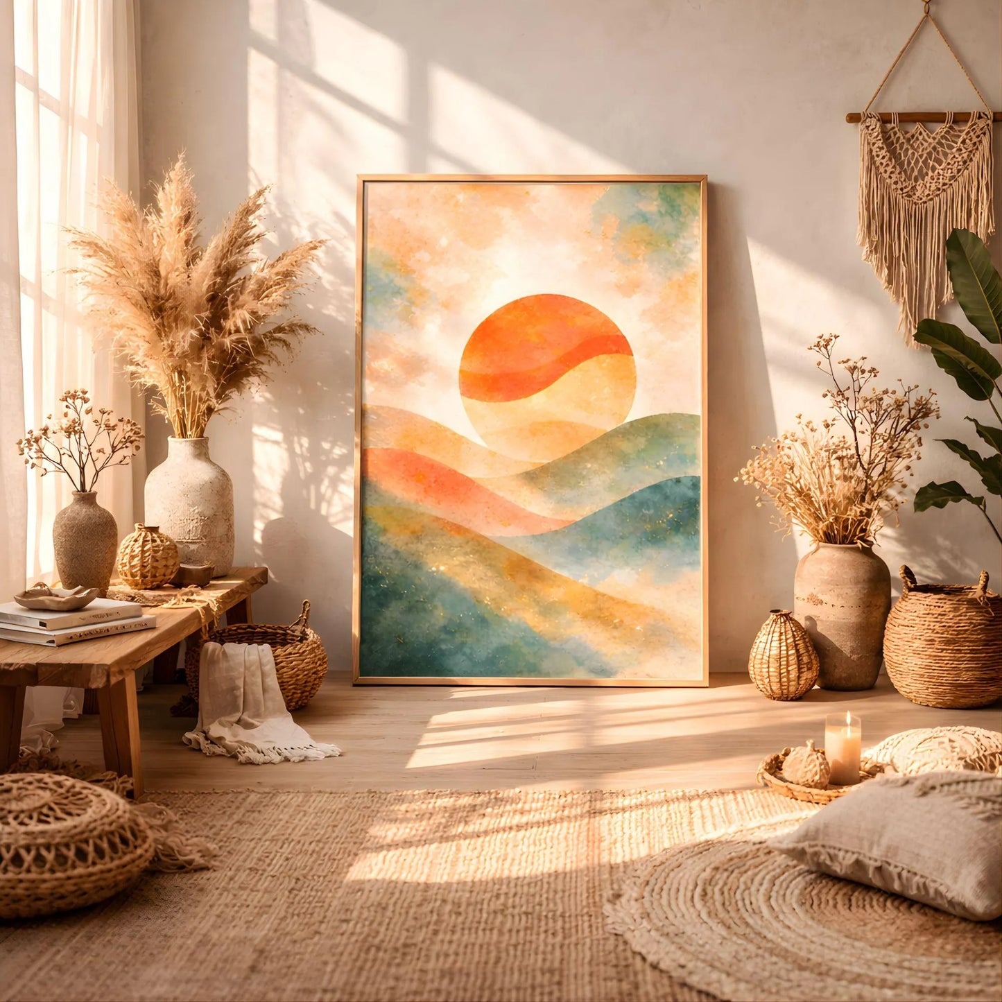 Abstract Sunset Canvas Wall Art, Watercolor Sunset Painting Print, Boho Living Room Decor
