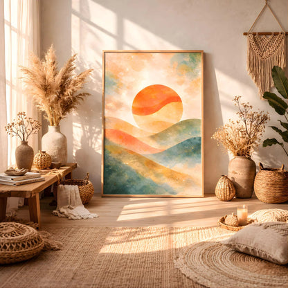 Abstract Sunset Canvas Wall Art, Watercolor Sunset Painting Print, Boho Living Room Decor