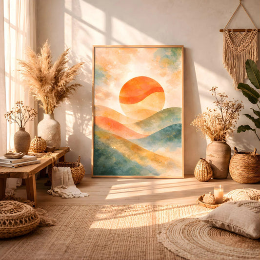 Abstract Sunset Canvas Wall Art, Watercolor Sunset Painting Print, Boho Living Room Decor