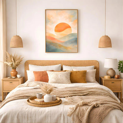 Abstract Sunset Canvas Wall Art, Watercolor Sunset Painting Print, Boho Living Room Decor