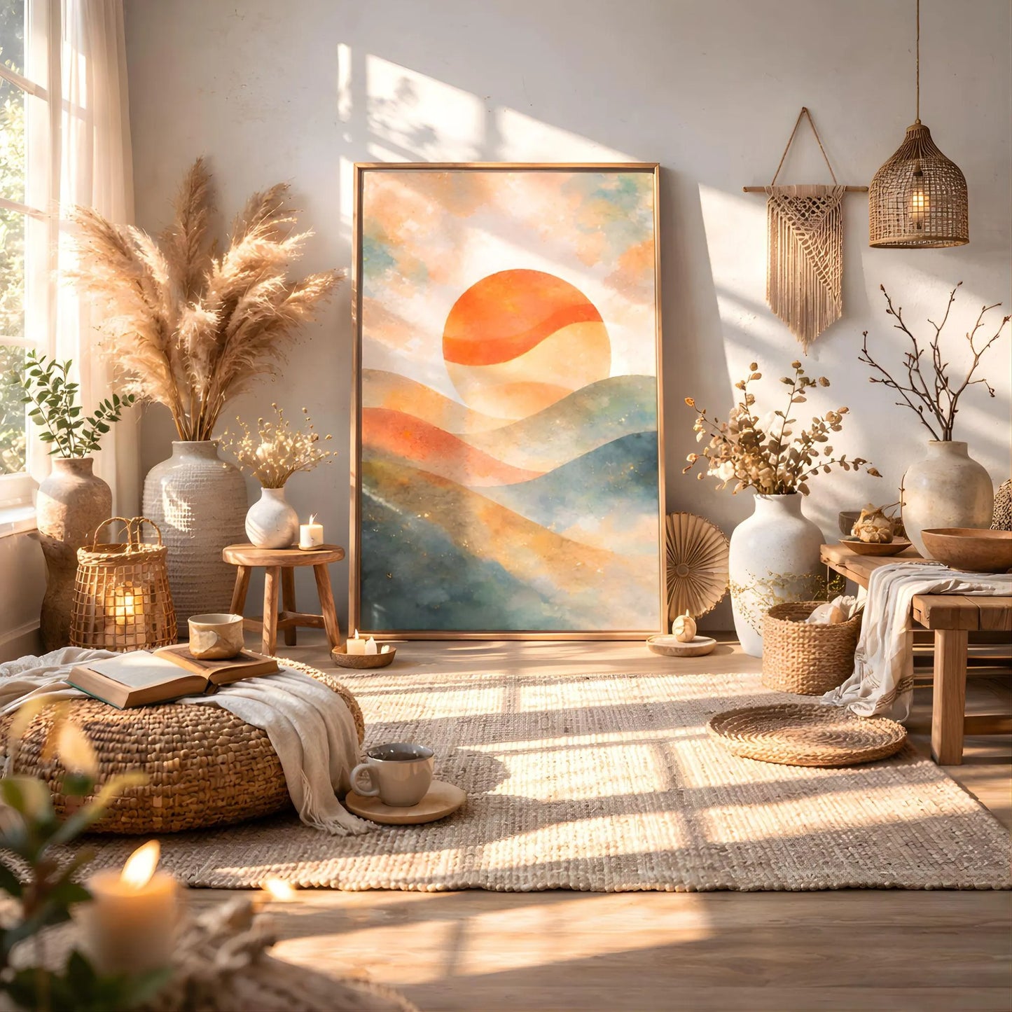 Abstract Sunset Canvas Wall Art, Watercolor Sunset Painting Print, Boho Living Room Decor