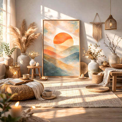 Abstract Sunset Canvas Wall Art, Watercolor Sunset Painting Print, Boho Living Room Decor