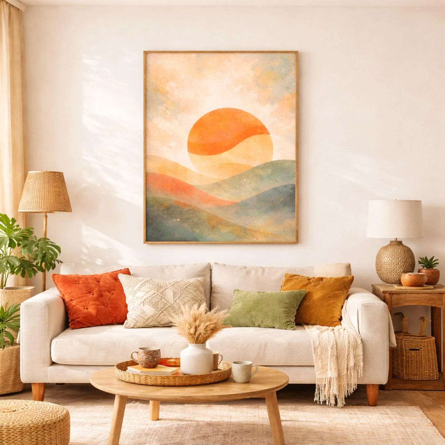 Abstract Sunset Canvas Wall Art, Watercolor Sunset Painting Print, Boho Living Room Decor