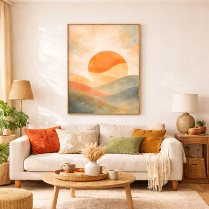 Abstract Sunset Canvas Wall Art, Watercolor Sunset Painting Print, Boho Living Room Decor