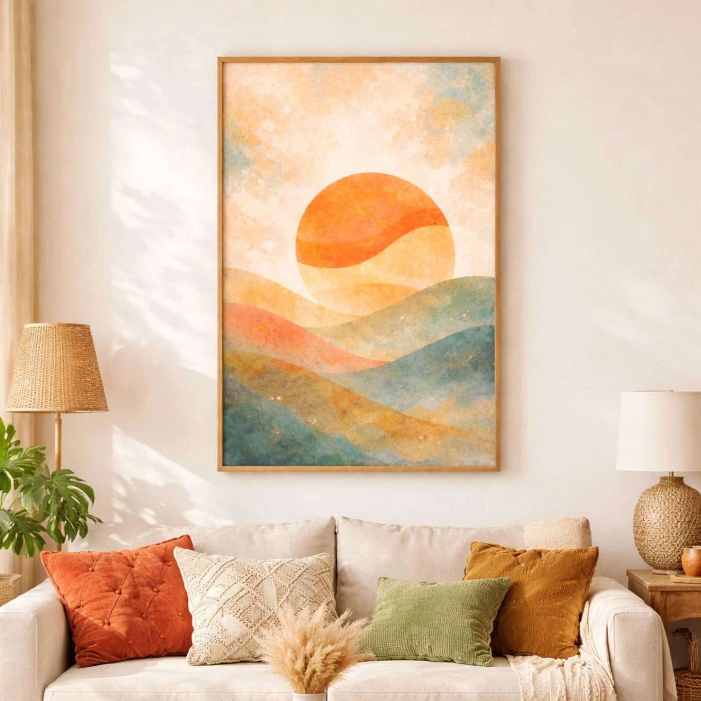 Abstract Sunset Canvas Wall Art, Watercolor Sunset Painting Print, Boho Living Room Decor